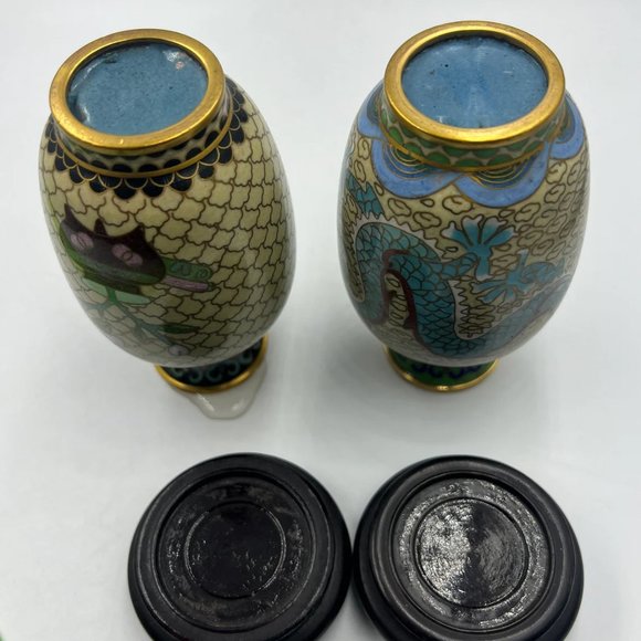 Pair of Vintage Chinese Cloisonne Dragon/Lotus Vases Carved Wood Stand Circa Lat - Picture 8 of 9